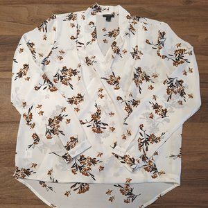 Ann Taylor Faux Wrap Chiffon Blouse White Brown Floral Pleated Shawl V-Neck